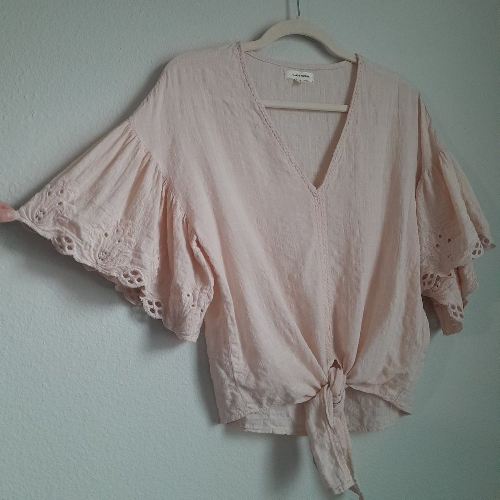 Max Studio Romantic Ethereal V-Neck Gauzy Tie Front Eyelet Top Blush Pink Size S - Picture 2 of 12